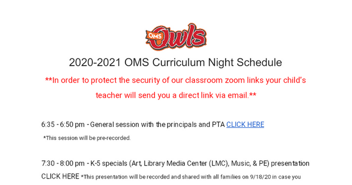 OMS Curriculum Night Schedule 20-21
