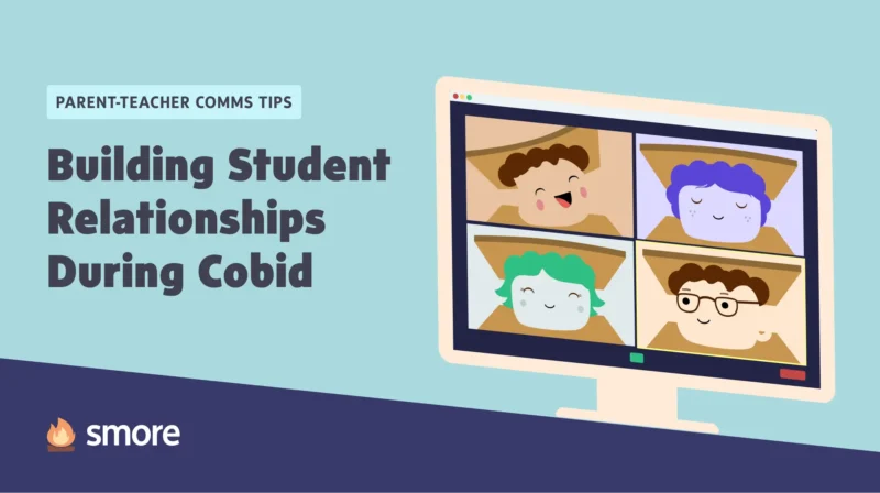 Graphic desktop with a video call of four smore mascots. Text saying Building Student Relationships During Cobid.