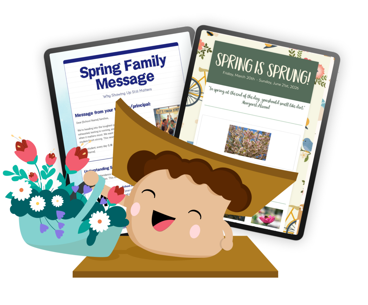 Smore mascot with a basket of flowers. Two spring newsletter templates on displayed behind.