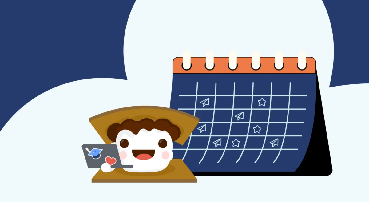 Smorinio holding a device next to a seasonal calendar with stars and paper plane icons, symbolizing school newsletters
