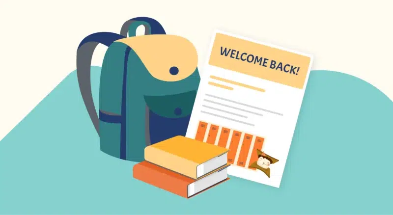 A backpack, stack of books, and a 'Welcome Back!' newsletter on a teal surface, symbolizing the return to school after winter break.