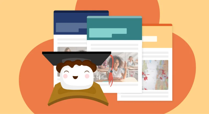 Smore mascot with graduation cap and three newsletter examples