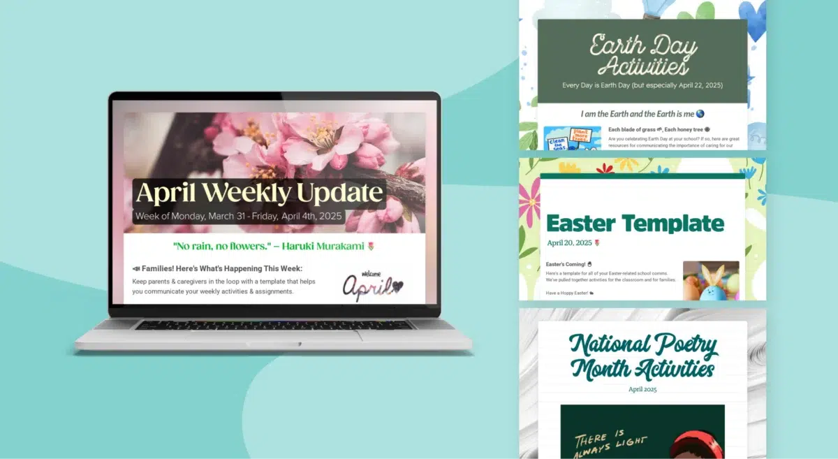 April themed newsletter templates with laptop display.