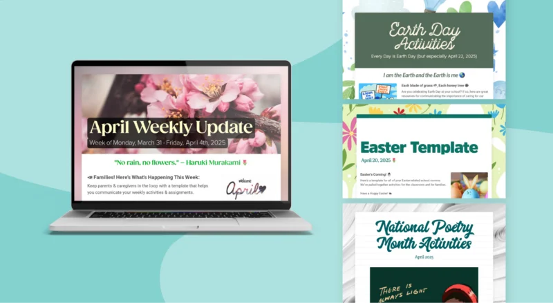 April themed newsletter templates with laptop display.