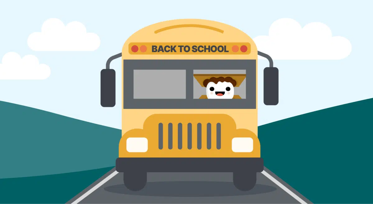 Smore mascot driving the bus toward 6 newsletter templates for August!
