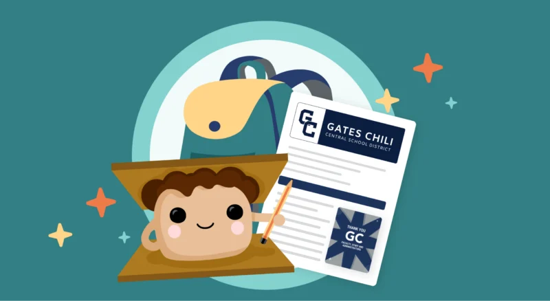 Smore mascot with backpack and Gates Chili case study graphic.