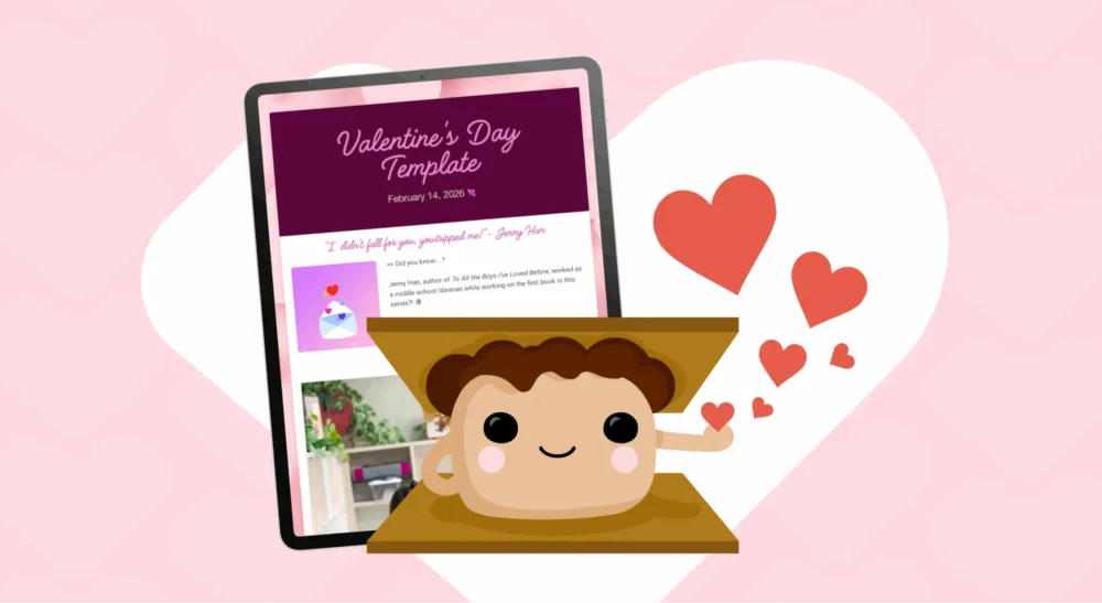 Smore mascot with hearts and the Valentine's Day Newsletter Template