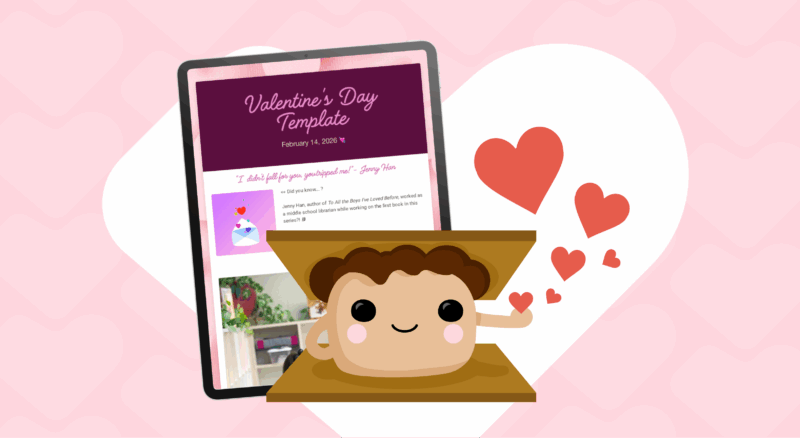 Smore mascot with hearts and the Valentine's Day Newsletter Template