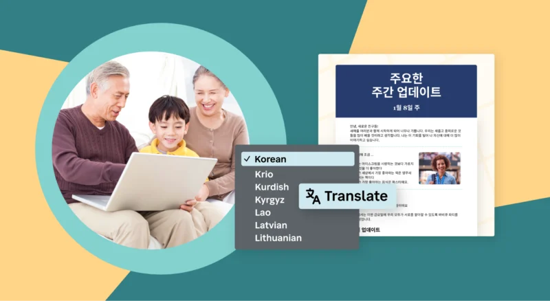 Family looking at a laptop with example of newsletter translated into Korean.