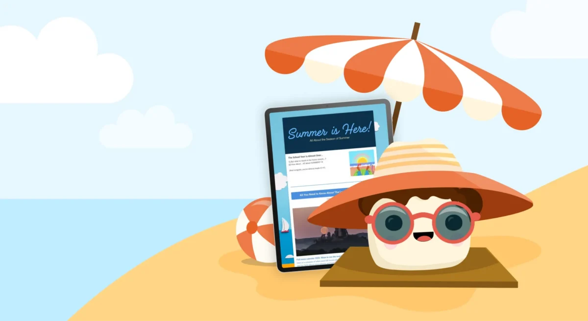 Smore mascot sitting under a beach umbrella with a Summer Newsletter template displayed on an iPad next to them.