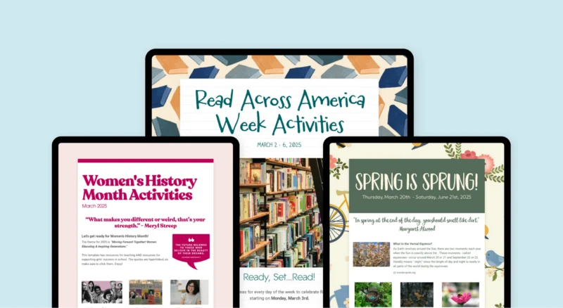 Image of Women's History Month, Read Across America, and Spring is Sprung Newsletter templates on ipads.