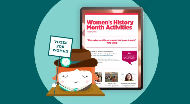 Smore mascot dressed as a suffragette with