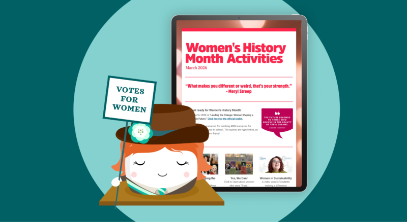 Smore mascot dressed as a suffragette with 