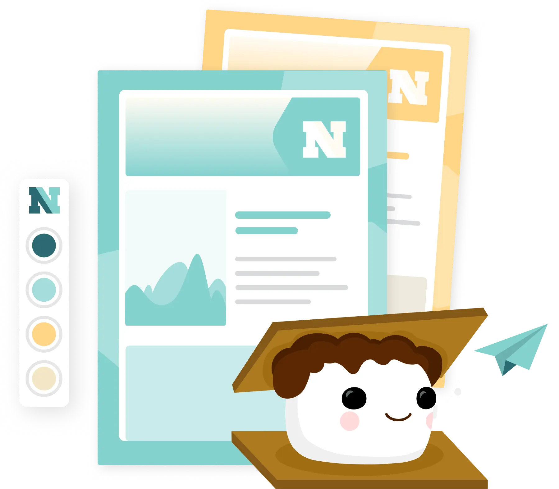Smore mascot with newsletter examples and a paper airplane.