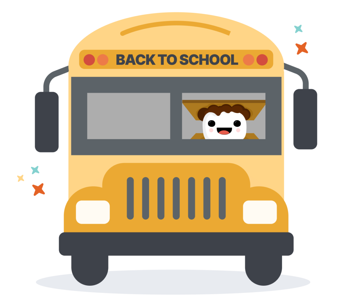 Smore mascot driving a school bus