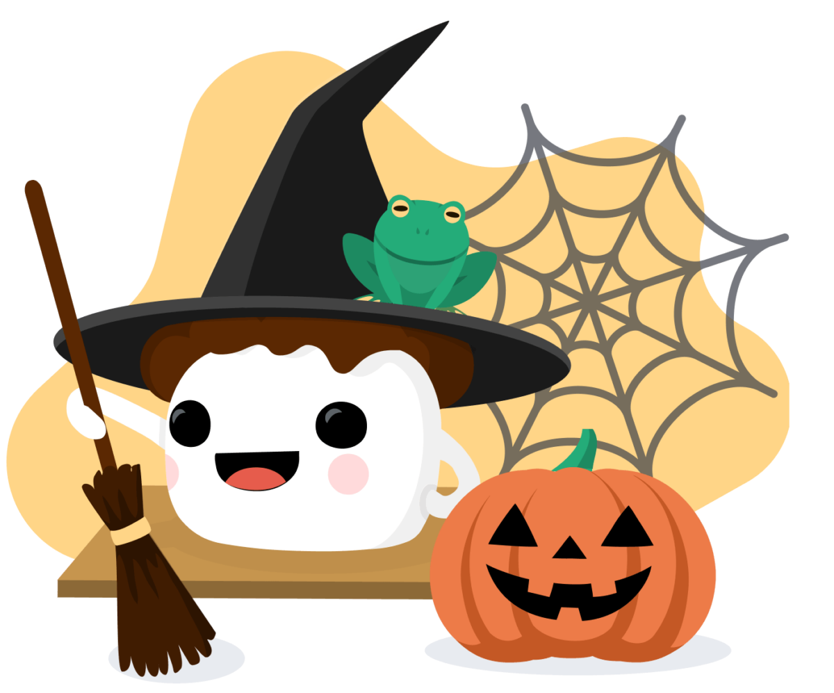 Smore mascot dressed as a witch with a spiderweb, green frog, and pumpkin.