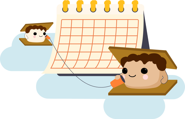 Two smore mascots standing next to a calendar and using phone cup.