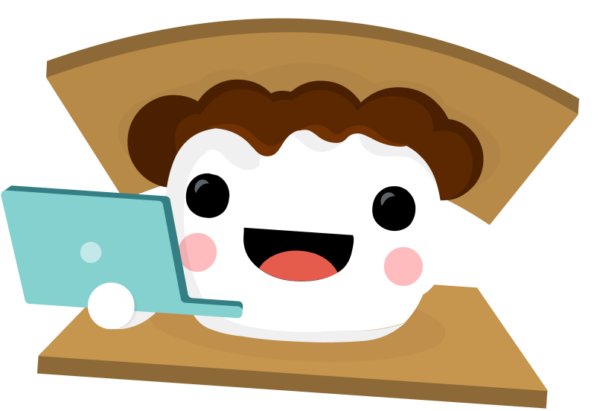 Smore mascot using a laptop.