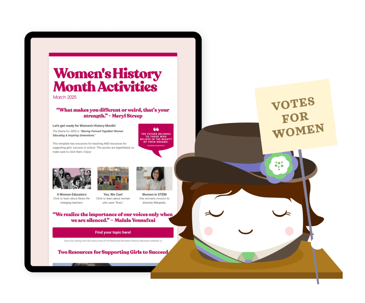 Smore mascot dressed as a Suffragette with Women's History Month Activities template.