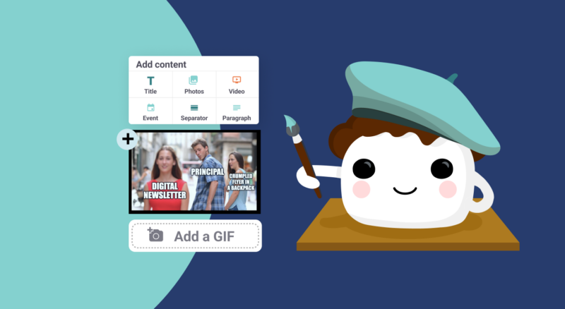 Smore mascot in a beret adding memes into a newsletter.