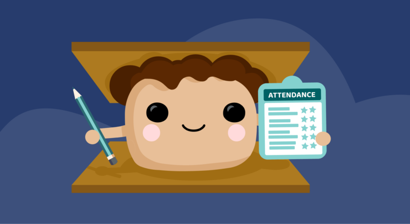 Smore mascot holding a pencil and clipboard.