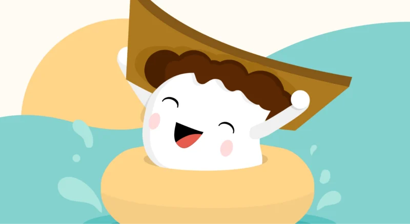 Smore mascot in a inner-tube in water with the sun.