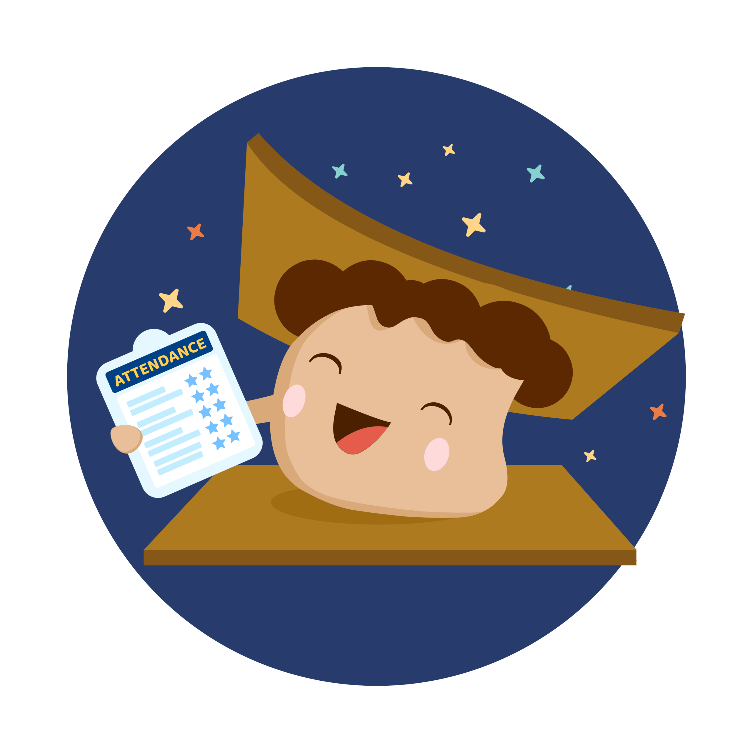 Smore mascot with a clipboard and stars inside a blue circle. 