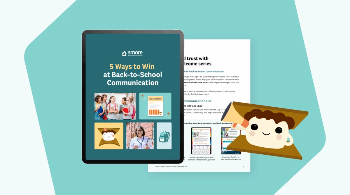 Mockup of two pages of a Smore eBook with Smorinio illustration