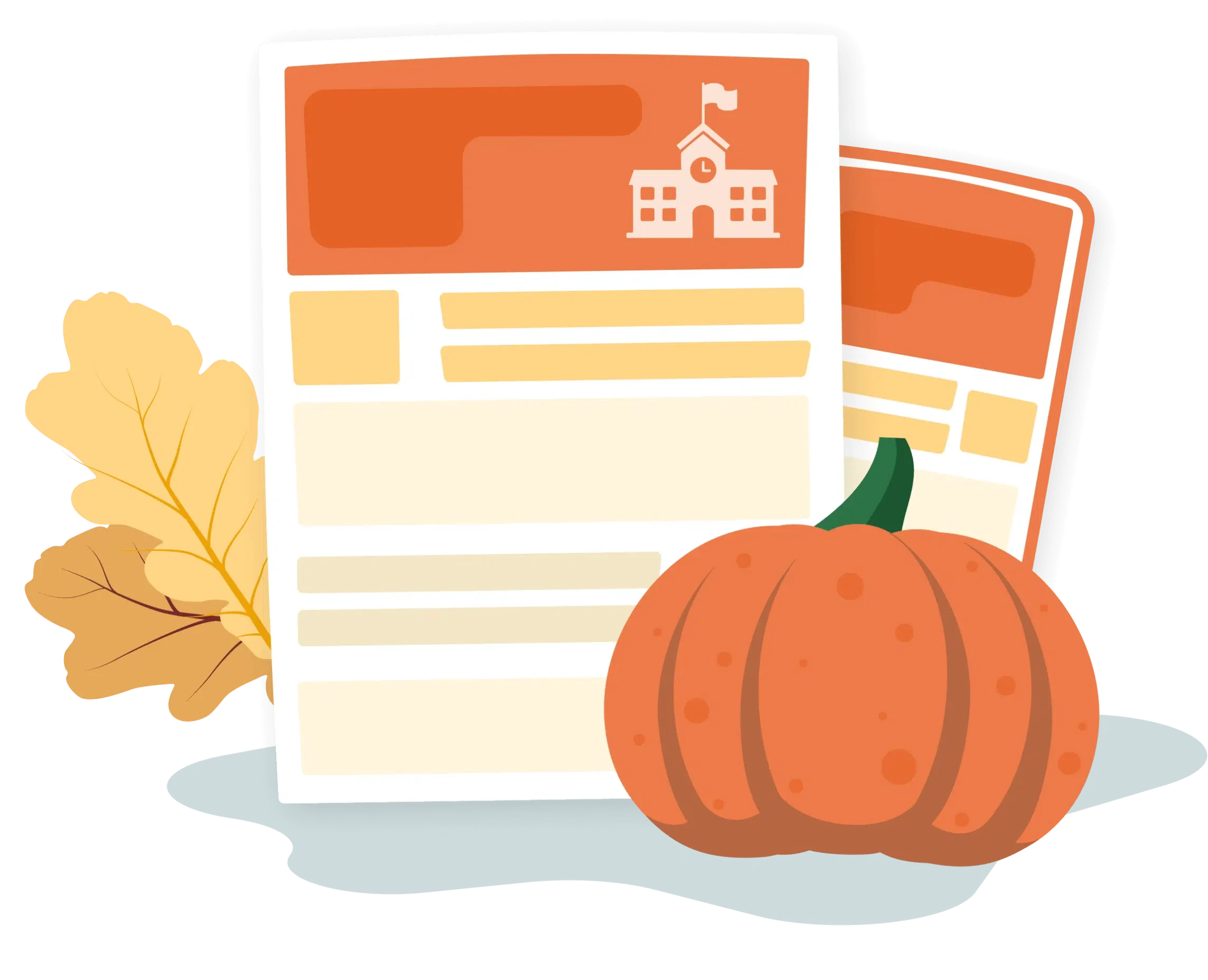 Two Smore newsletters with fall leaves, and a pumpkin