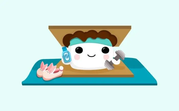 Smore mascot with a dumbbell and a bottle of water.