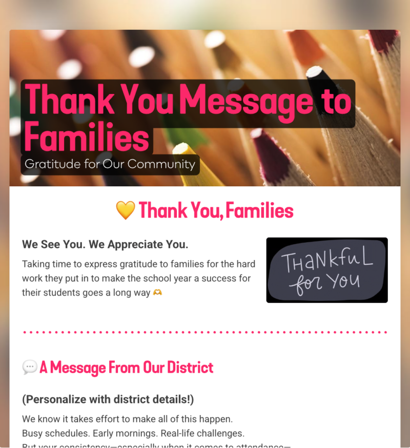 Thank You Message to Families Template