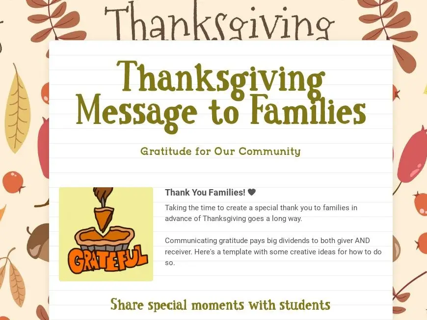 Thanksgiving Message to Families newsletter template.