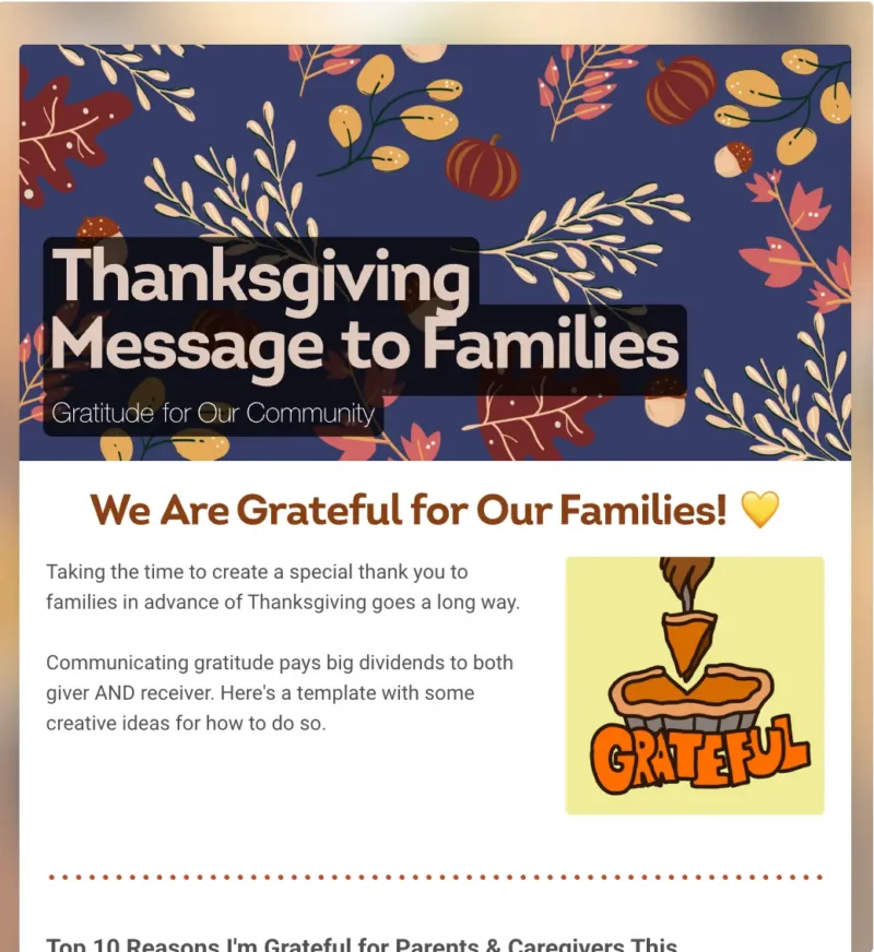 Thanksgiving Message to Families 2026