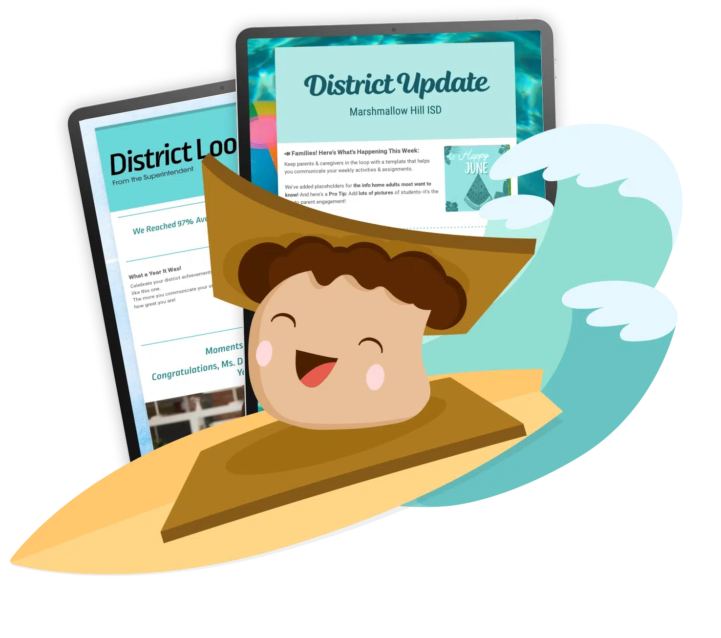 Smore mascot on surfboard with two "District Update" newsletter templates behind