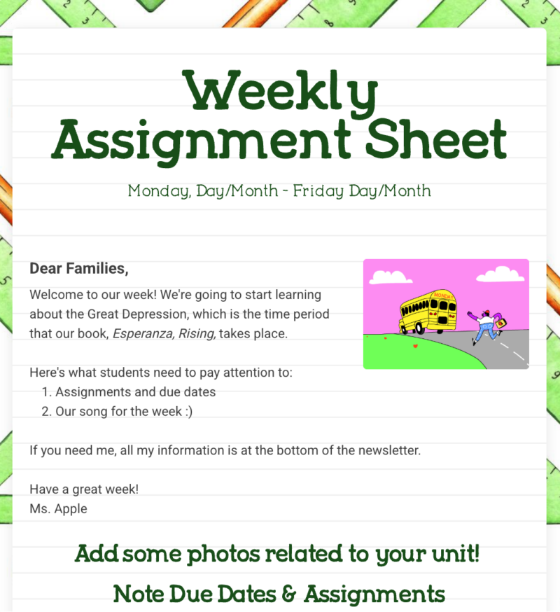 Weekly Assignment Sheet