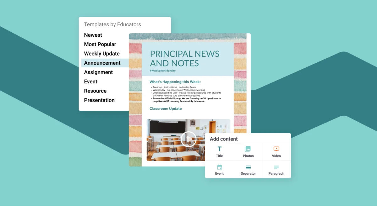 An example of a teacher-parent communication template featuring weekly updates, announcements, and customizable content blocks like events, photos, and text, displayed against a teal background.