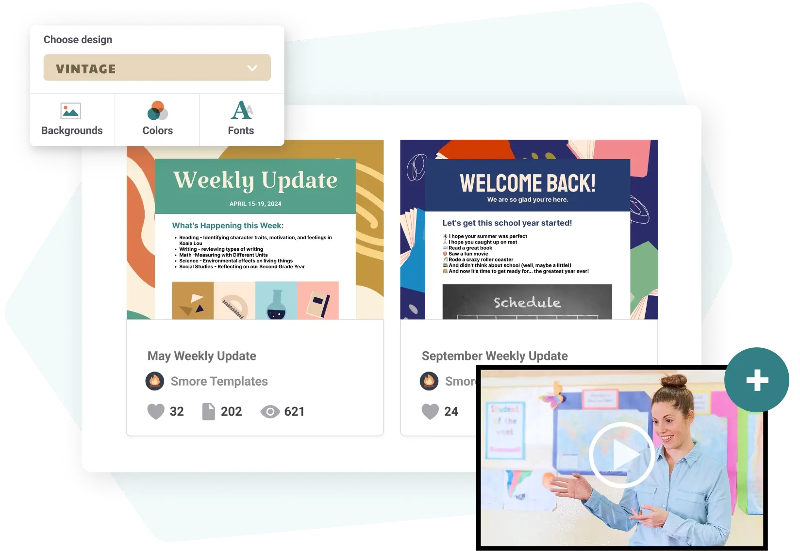 Smore newsletter templates with a video of a teacher