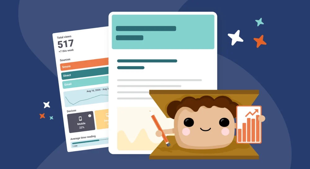 Smore mascot with newsletter template examples and a graph chart.