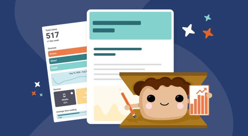 Smore mascot with newsletter template examples and a graph chart.