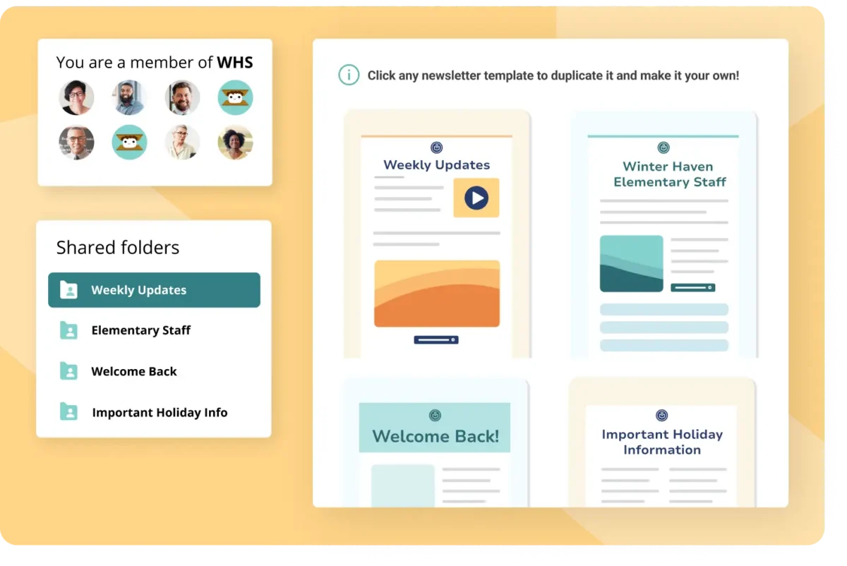 UI mockup showing a group of district employees collaborating on a school newsletter using Smore
