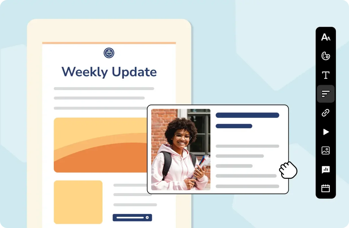 Smore newsletter builder mockup showing how to add an image in your school newsletter