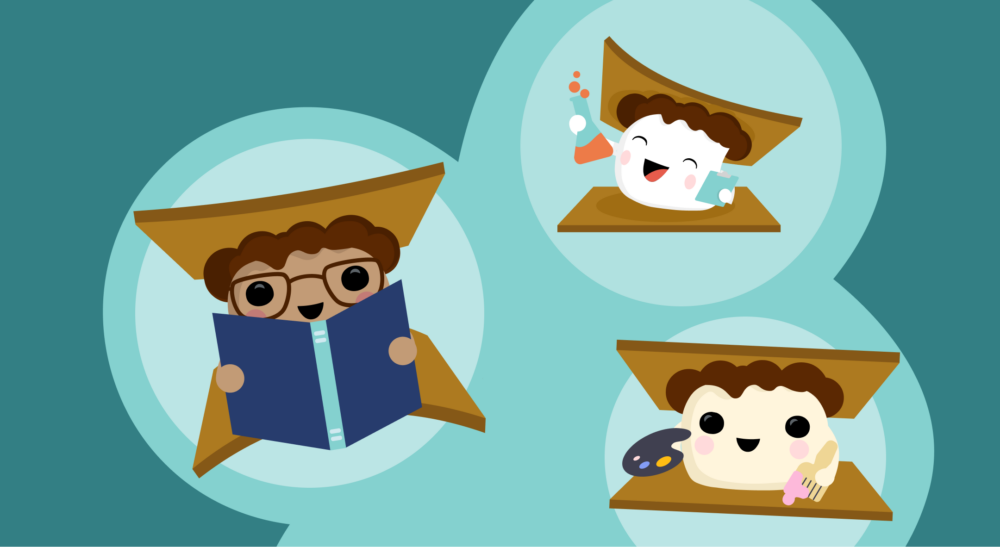 Illustration of three smiling characters with brown curly hair and tan graduation caps, engaging in different learning activities such as reading, conducting a science experiment, and painting, representing diverse aspects of education and communication.