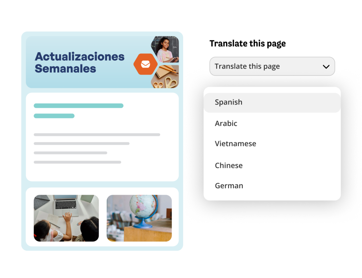 UI showing Smore newsletter builder translation feature